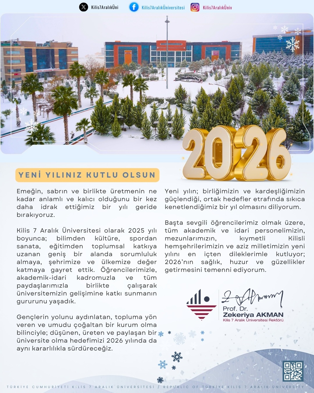 Rektörümüz Prof. Dr. Zekeriya AKMAN'ın Yeni Yıl Kutlama Mesajı