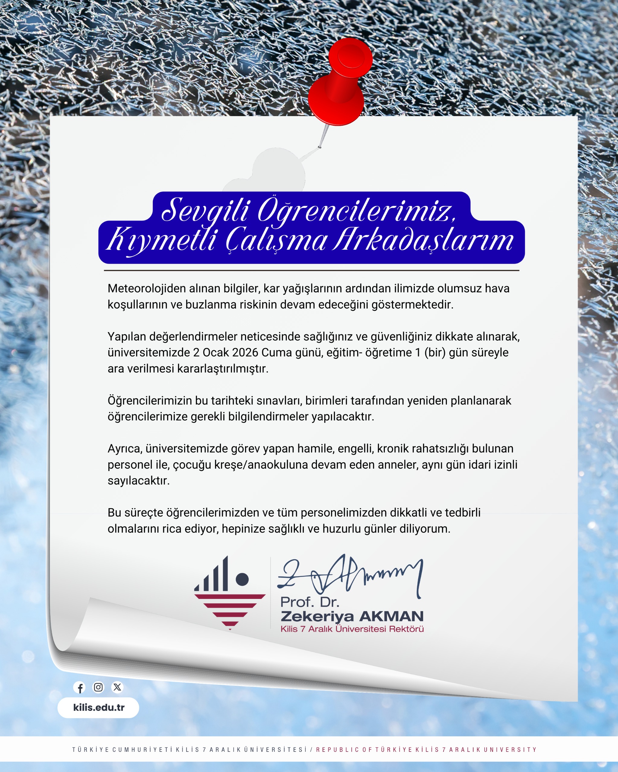 Eğitim - Öğretime 1 Gün Süreyle (2 Ocak 2026 Cuma) Ara Verilmesine İlişkin Duyuru
