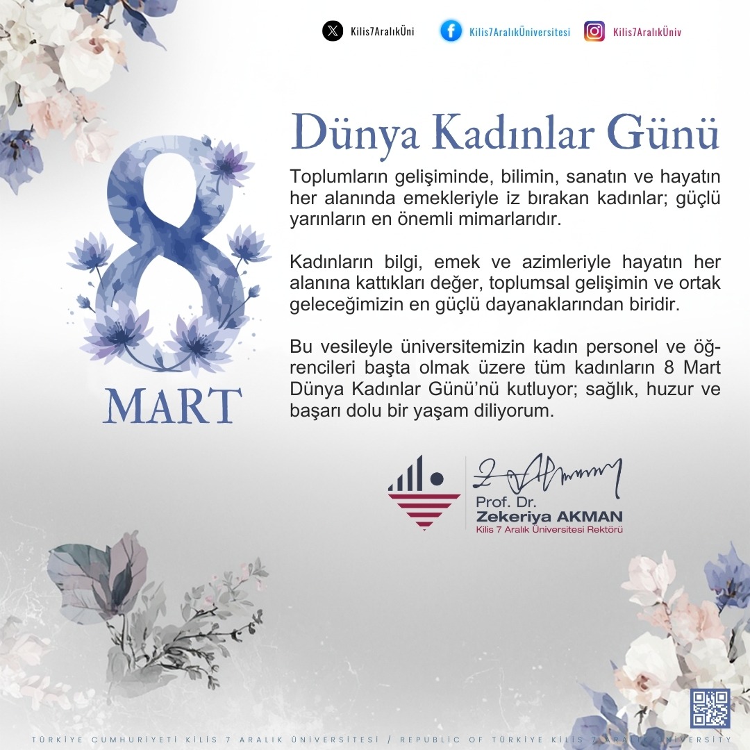 Rektörümüz Prof. Dr. Zekeriya AKMAN'ın, 8 Mart Dünya Kadınlar Günü Kutlama Mesajı