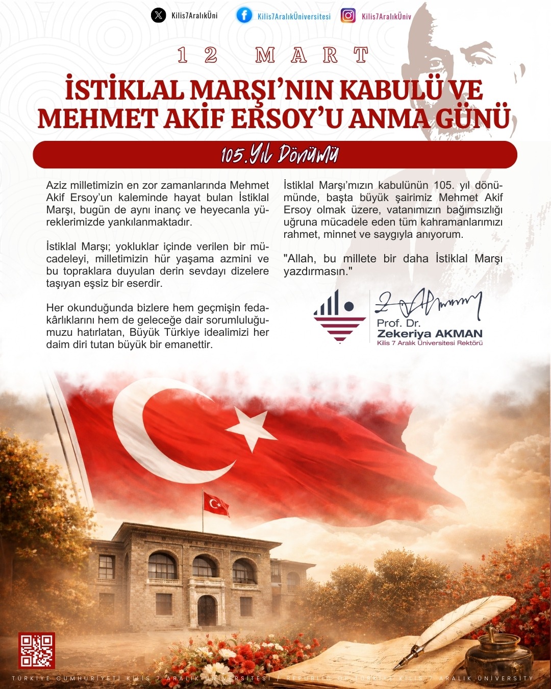 Rektörümüz Prof. Dr. Zekeriya AKMAN'ın, İstiklâl Marşı'nın Kabulü ve Mehmet Akif Ersoy'u Anma Günü Mesajı