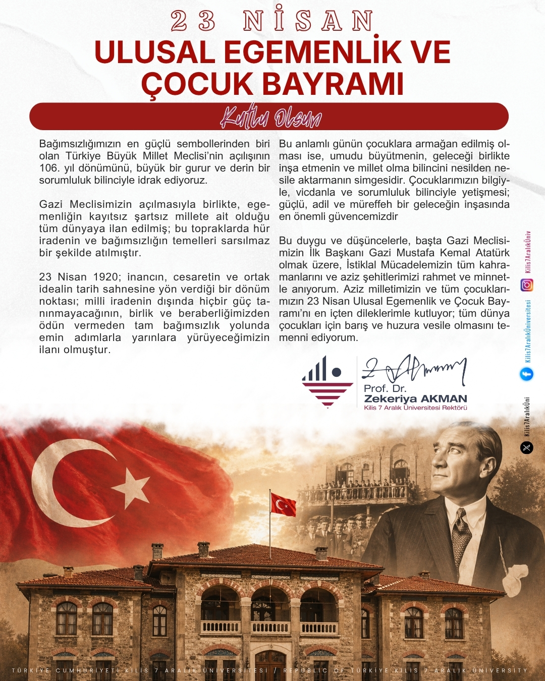 Message of Our Rector Prof. Dr. Zekeriya Akman on April 23 National Sovereignty and Children’s Day