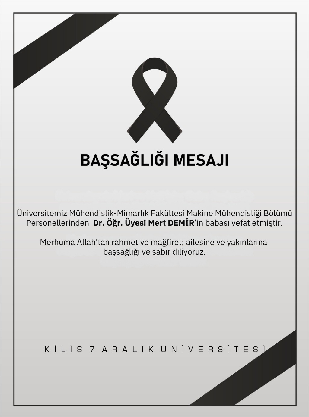 Vefat ve Başsağlığı Mesajı
